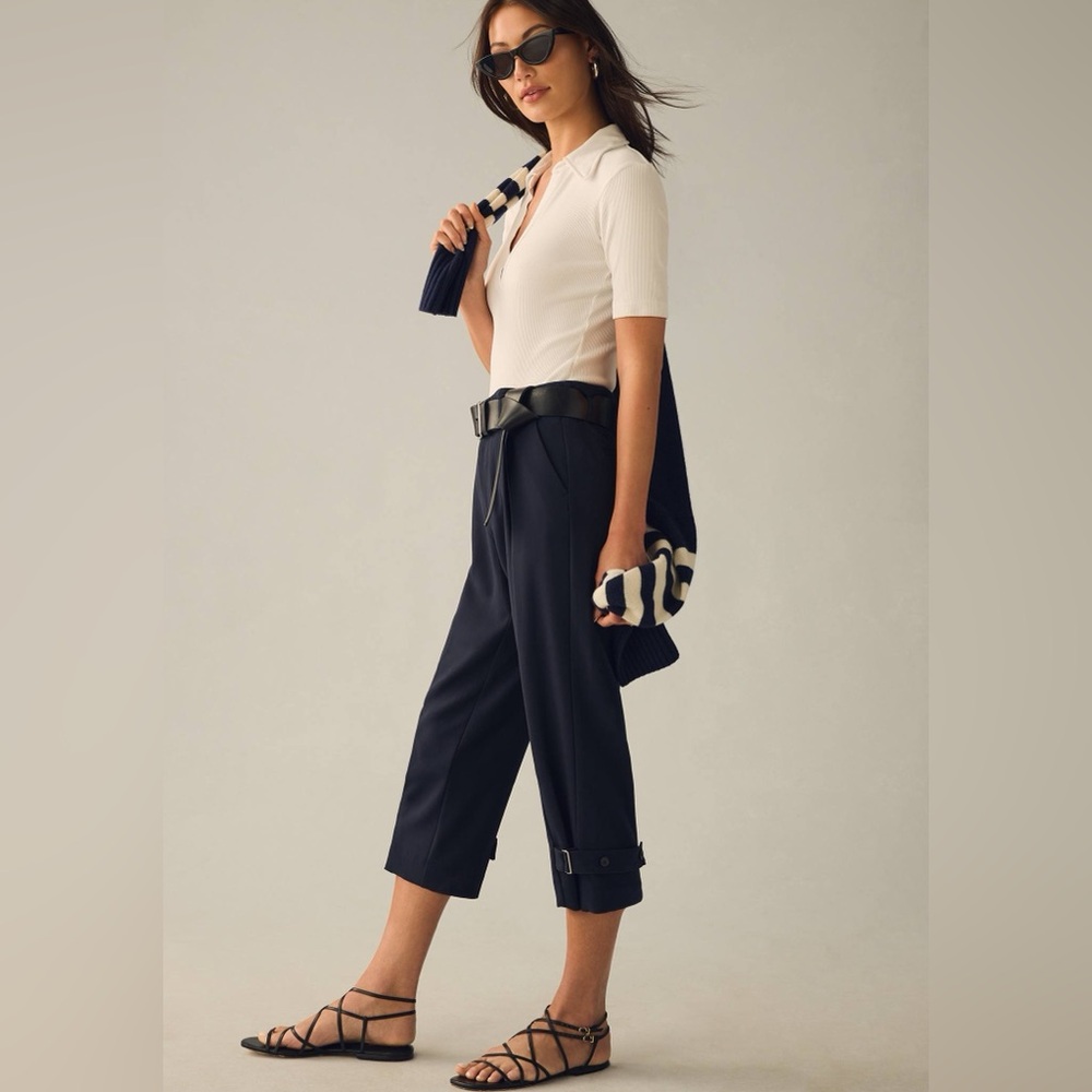 Maeve Anthropologie Navy Capri Pants Buckle Hem High Rise
